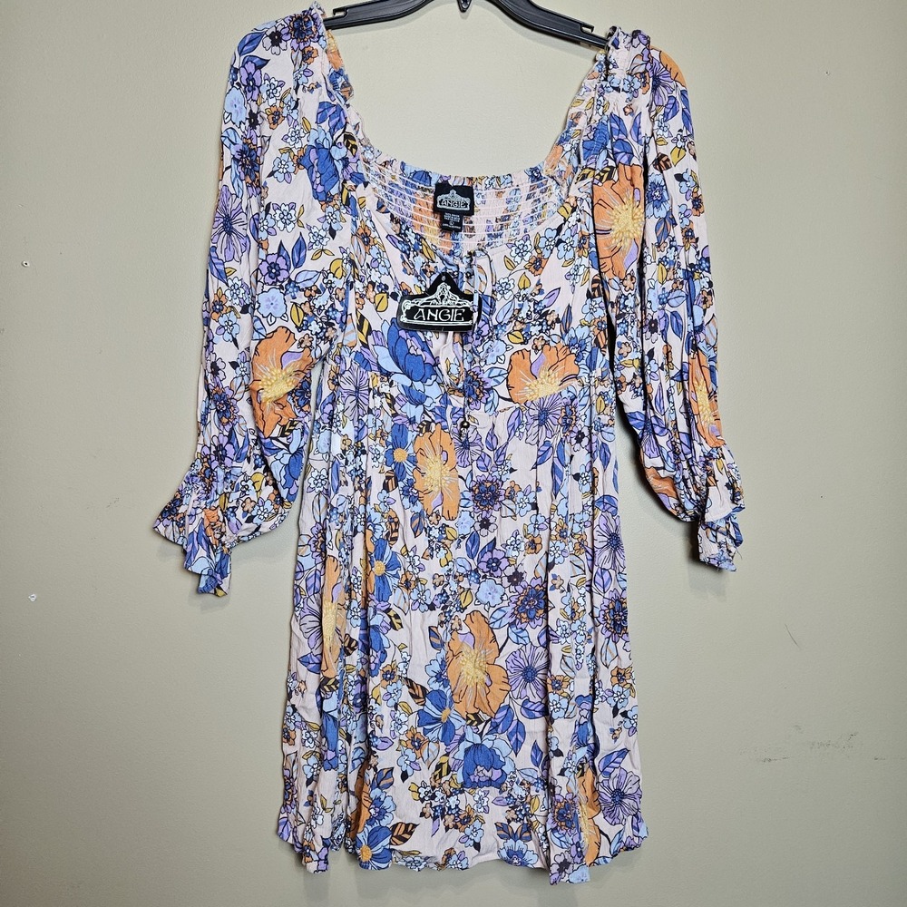 NWT Angie Floral Boho Peasant Dress Womens Large Blue Orange Smocked Waist